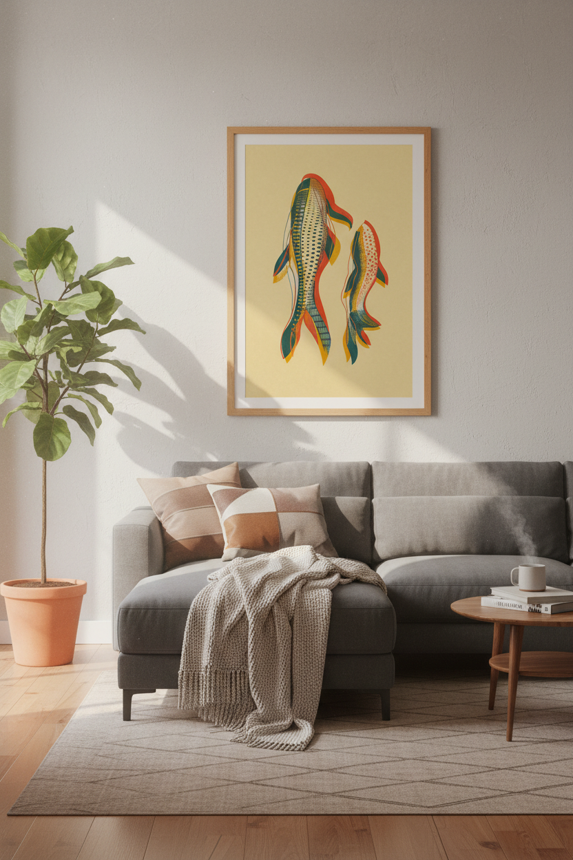 Abstract Koi Fish Wall Art | Modern Japanese Poster, Teal &amp; Orange Living Room Decor