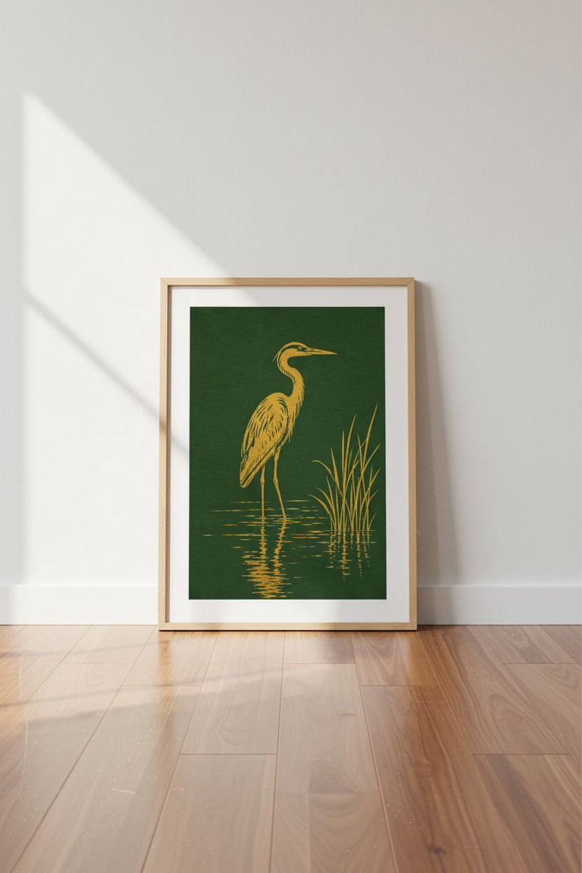 Gold Heron Bird Wall Art | Forest Green Coastal Print, Living Room Decor