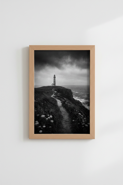 Coastal Lighthouse Print | Moody Black and White Photography, Nautical Wall Decor