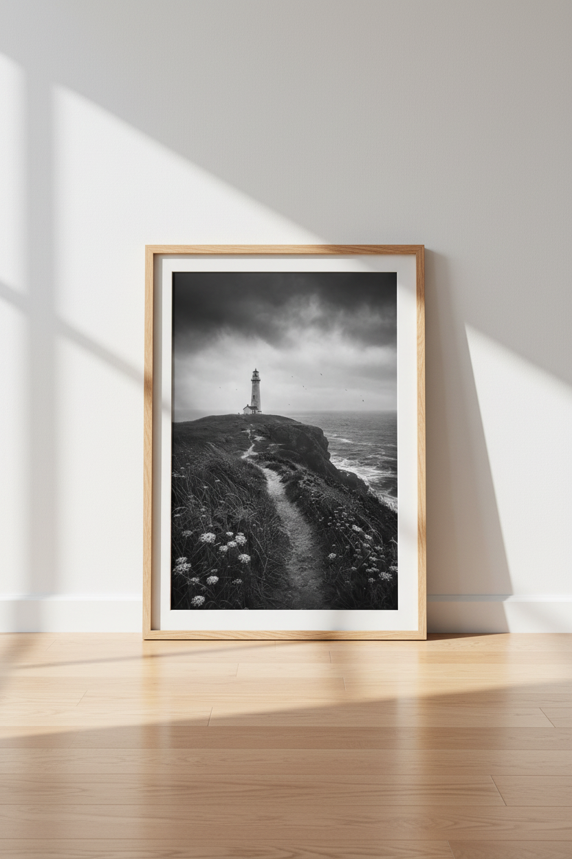 Coastal Lighthouse Print | Moody Black and White Photography, Nautical Wall Decor