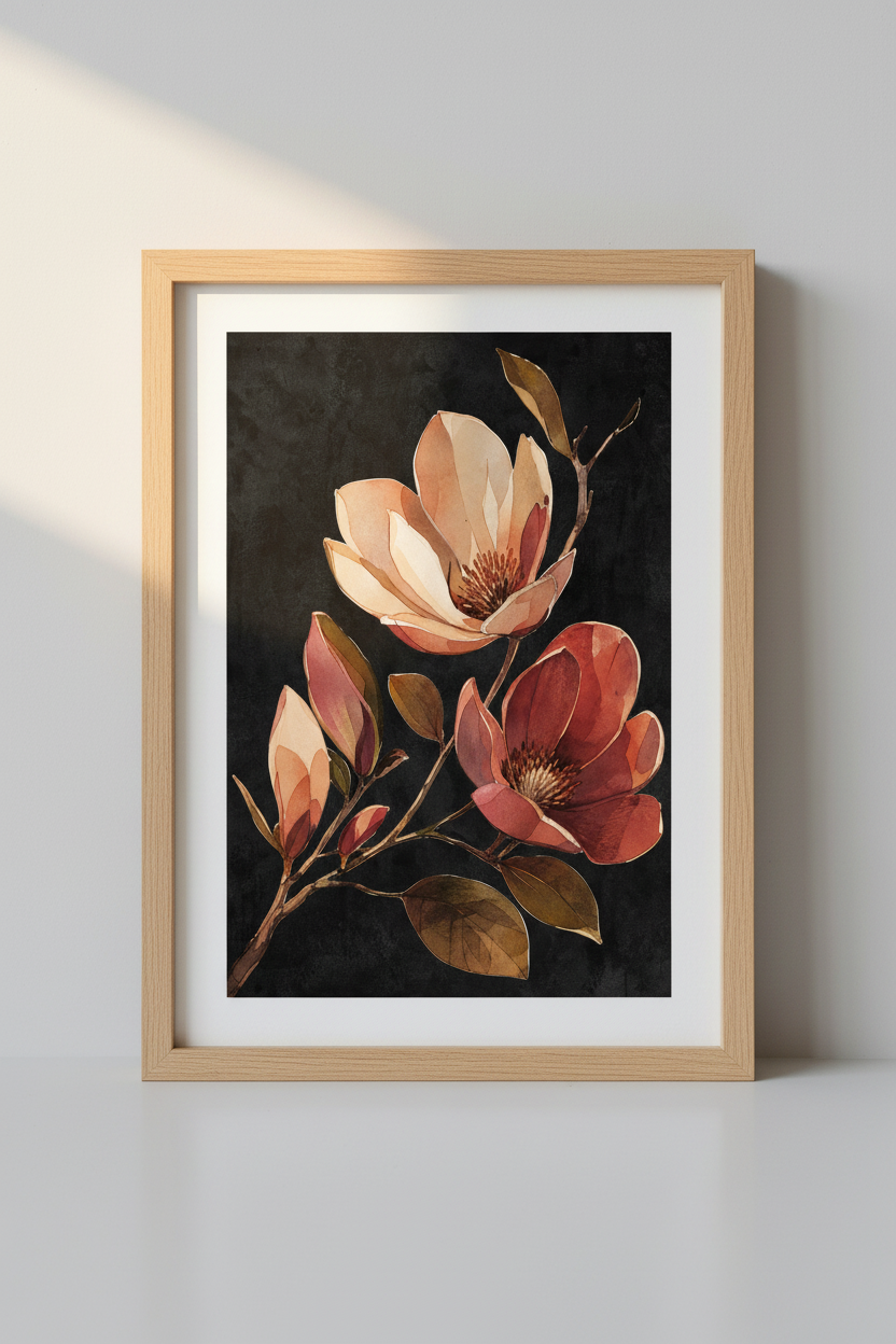 Watercolor Magnolia Print | Moody Floral Art, Living Room Decor