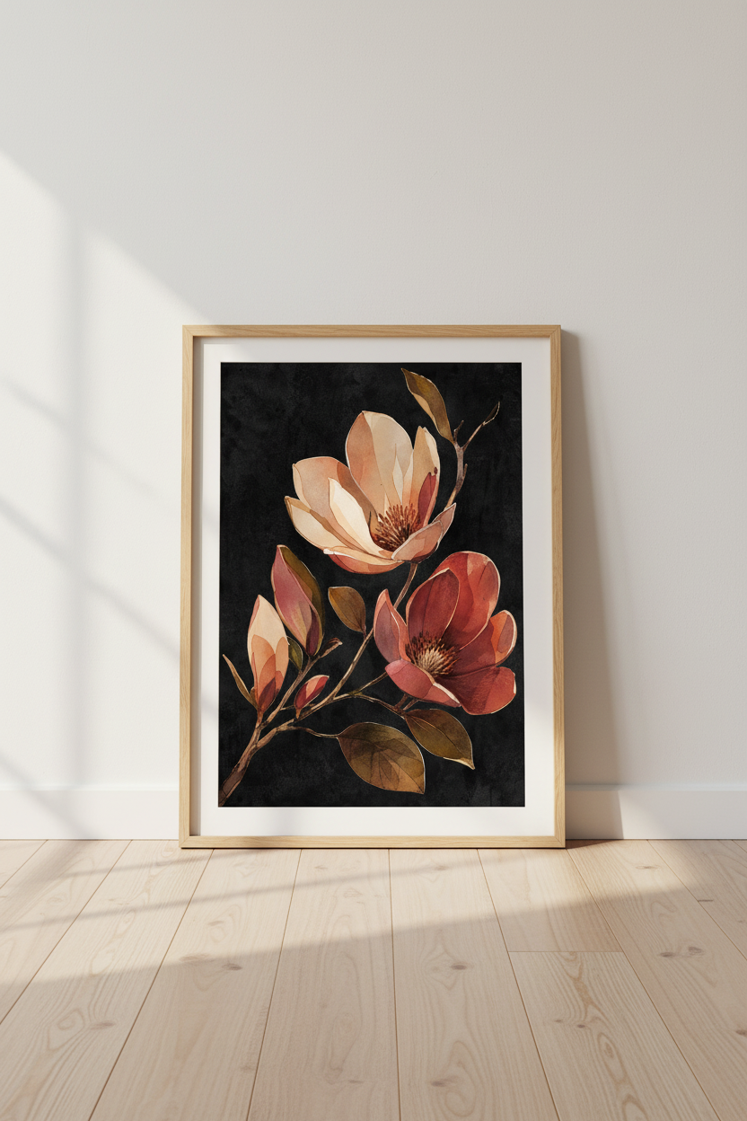 Watercolor Magnolia Print | Moody Floral Art, Living Room Decor