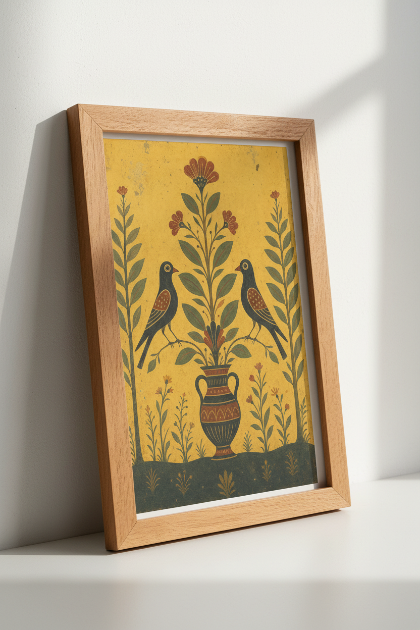 Folk Art Bird &amp; Floral Wall Art | Yellow Vintage Style Decor | Mediterranean Poster