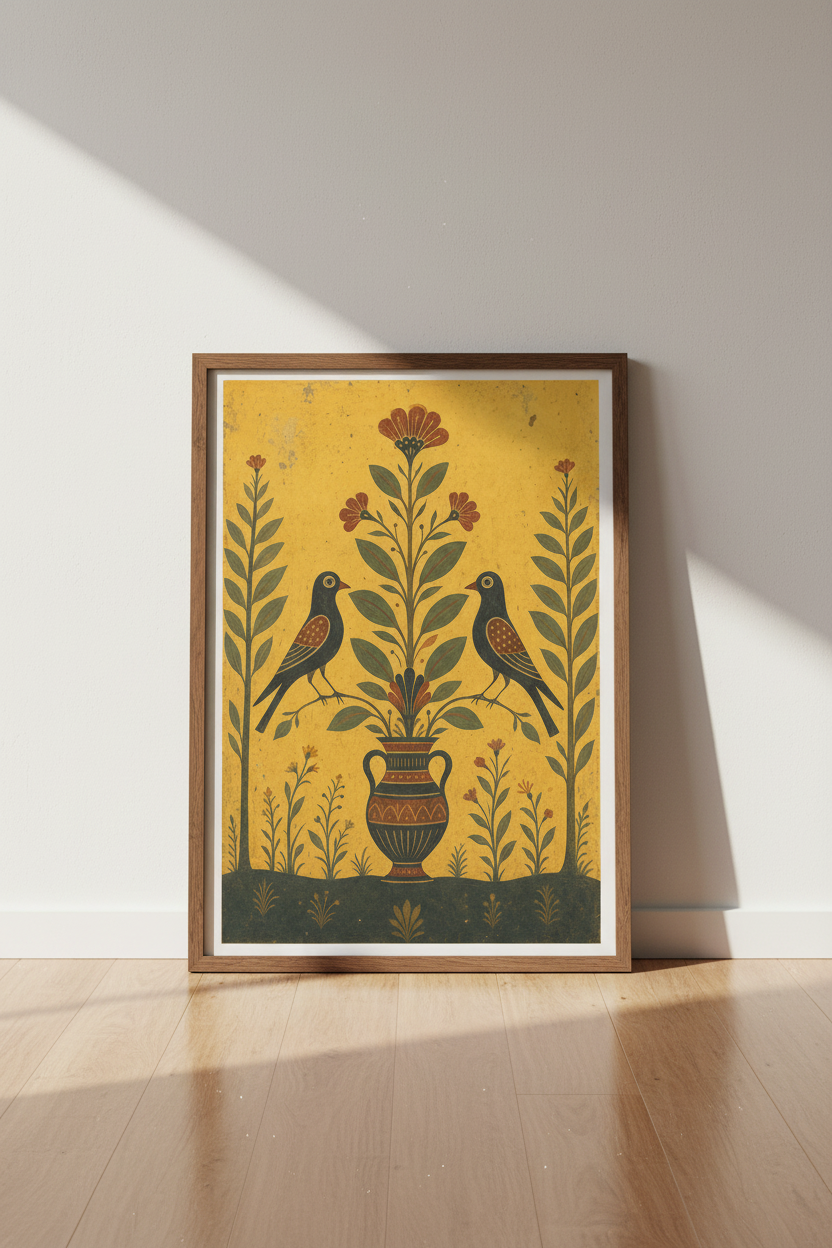 Folk Art Bird &amp; Floral Wall Art | Yellow Vintage Style Decor | Mediterranean Poster