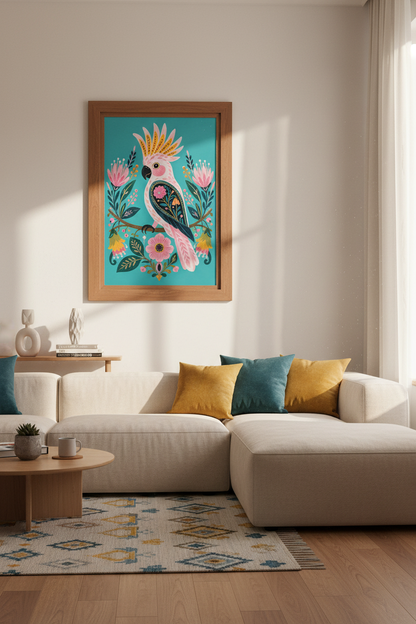 Pink Cockatoo Bird Wall Art | Teal Folk Art Floral Poster | Tropical Boho Decor