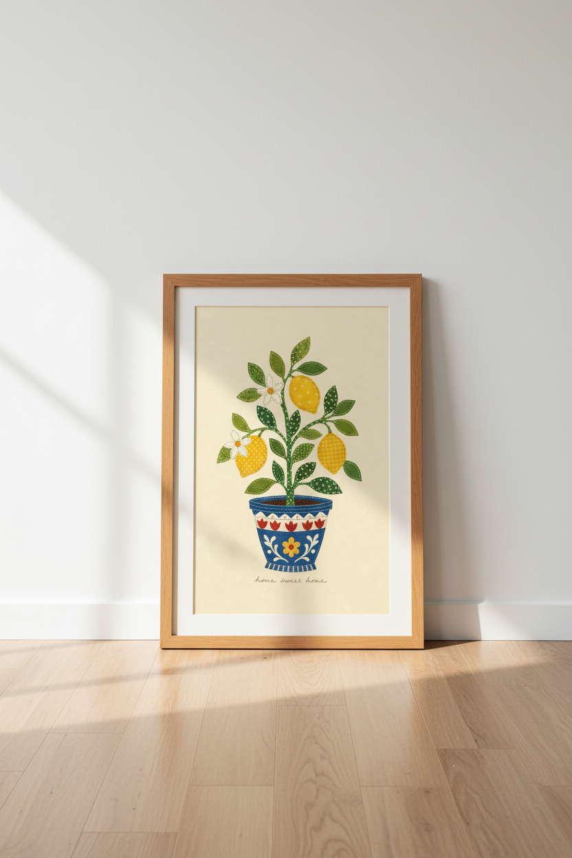 Lemon Tree Patchwork Art | Cottagecore Style Kitchen Decor, Home Sweet Home Poster