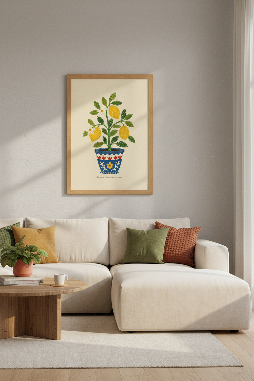 Lemon Tree Patchwork Art | Cottagecore Style Kitchen Decor, Home Sweet Home Poster