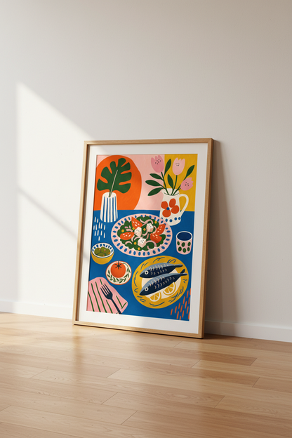 Mediterranean Still Life Wall Art | Colorful Food Poster, Kitchen Dining Room Decor