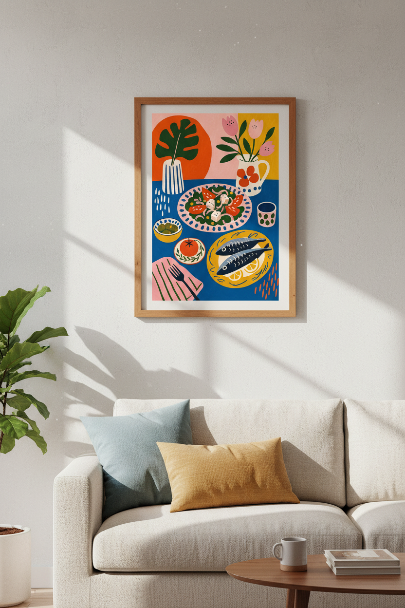 Mediterranean Still Life Wall Art | Colorful Food Poster, Kitchen Dining Room Decor