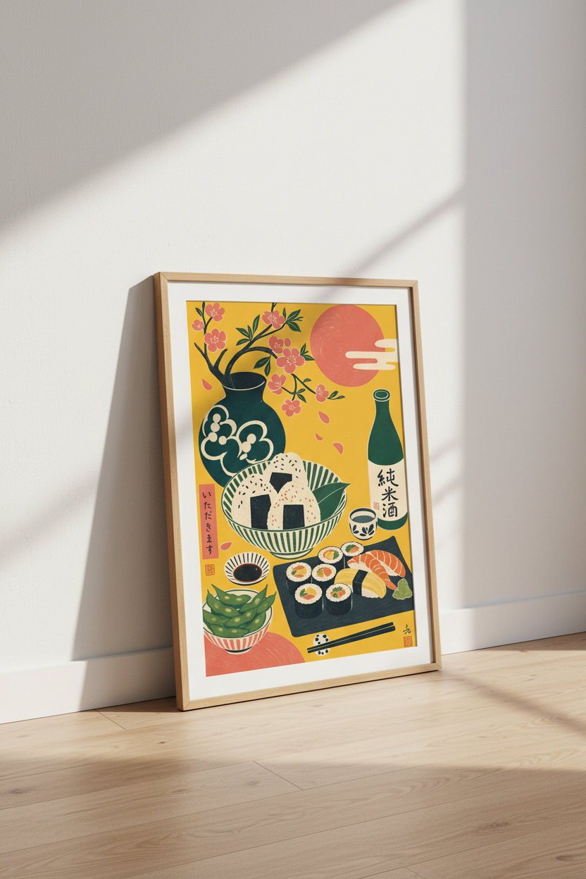 Japanese Sushi &amp; Sake Art Print | Kitchen Wall Decor | Yellow Retro Food Poster