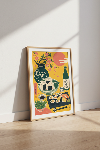 Japanese Sushi &amp; Sake Art Print | Kitchen Wall Decor | Yellow Retro Food Poster