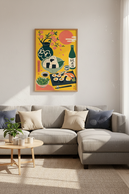 Japanese Sushi &amp; Sake Art Print | Kitchen Wall Decor | Yellow Retro Food Poster