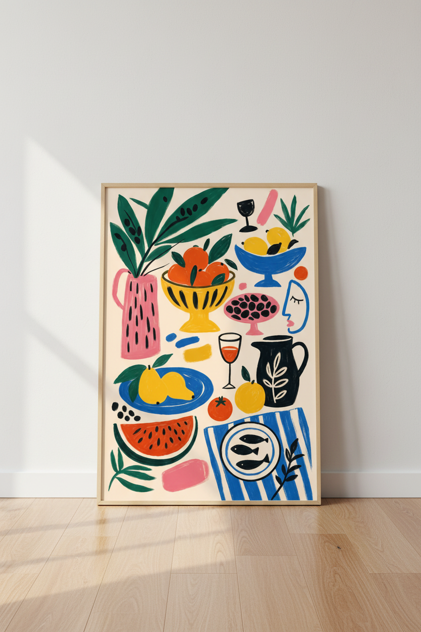 Abstract Food Still Life | Matisse Style Mediterranean Art, Kitchen &amp; Dining Decor