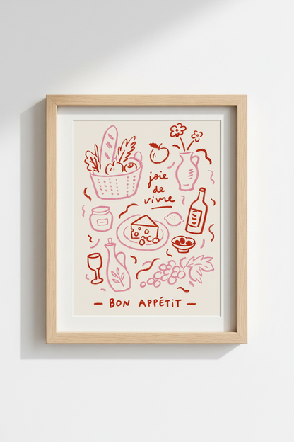 French Kitchen Poster | Parisian Foodie Wall Art Print, Red Pink Dining Decor
