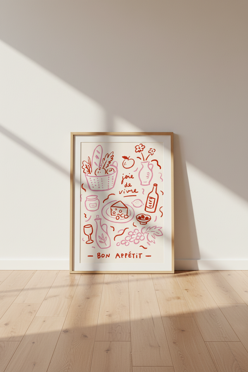French Kitchen Poster | Parisian Foodie Wall Art Print, Red Pink Dining Decor