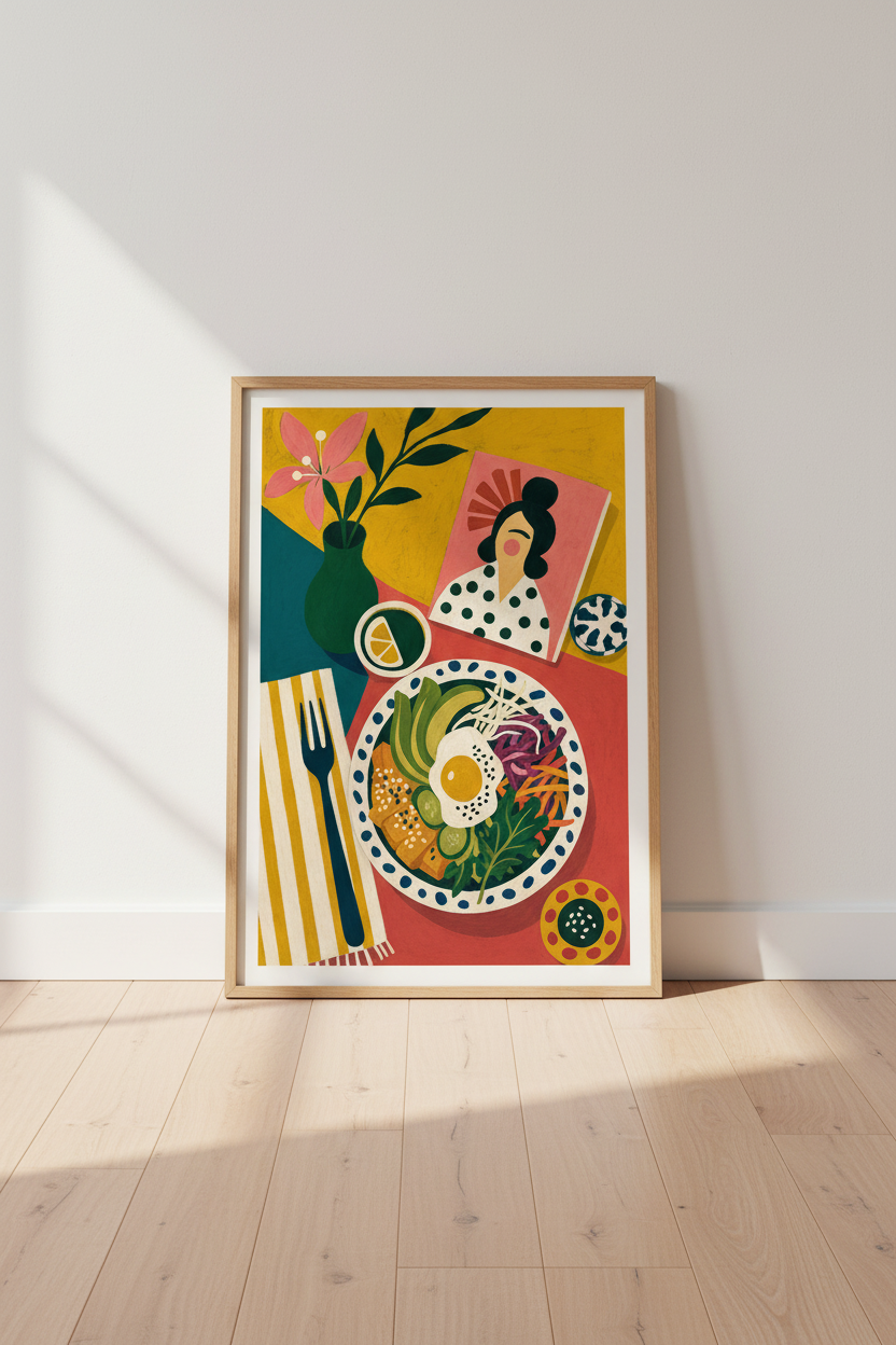 Folk Art Breakfast Still Life | Vibrant Kitchen Wall Decor, Eclectic Maximalist Poster