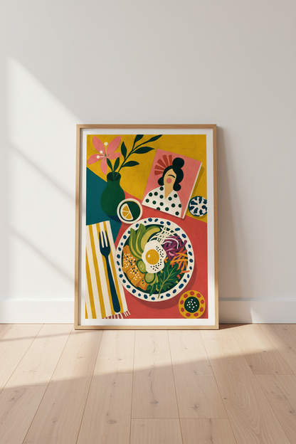 Folk Art Breakfast Still Life | Vibrant Kitchen Wall Decor, Eclectic Maximalist Poster