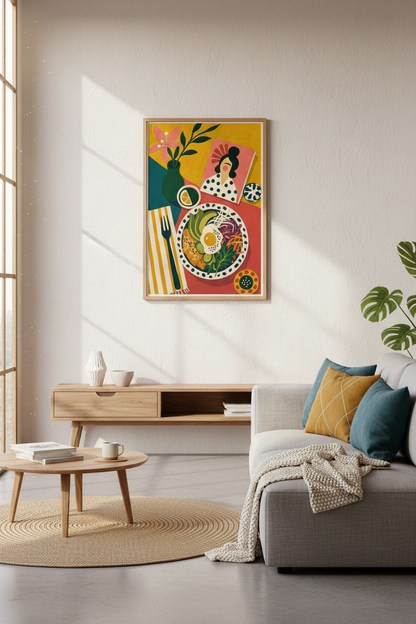 Folk Art Breakfast Still Life | Vibrant Kitchen Wall Decor, Eclectic Maximalist Poster