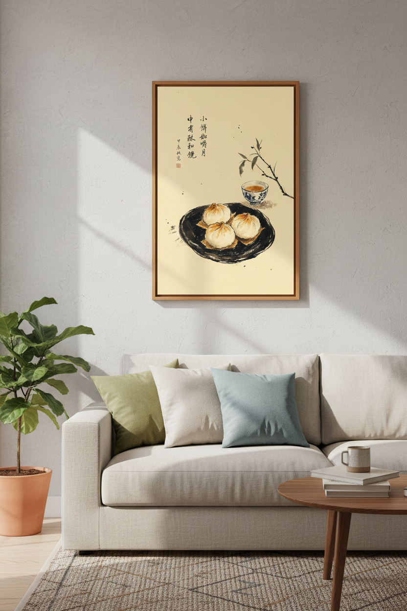 Chinese Dim Sum Ink Wash Art | Kitchen Dining Room Decor | Traditional Zen Poster