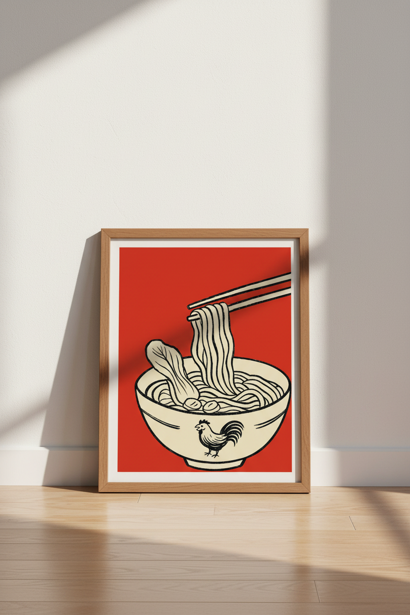 Ramen Noodle Bowl Wall Art | Japanese Foodie Decor | Red Minimalist Poster