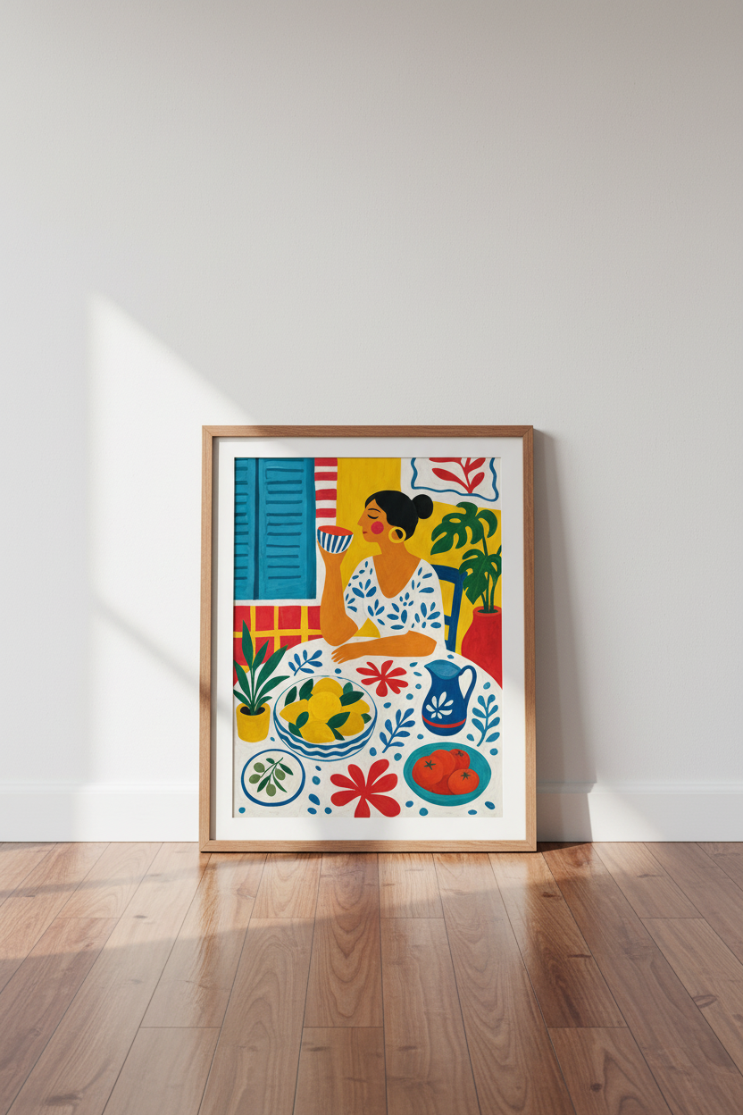 Mediterranean Woman Dining Art | Vibrant Lemon &amp; Blue, Kitchen Decor Poster