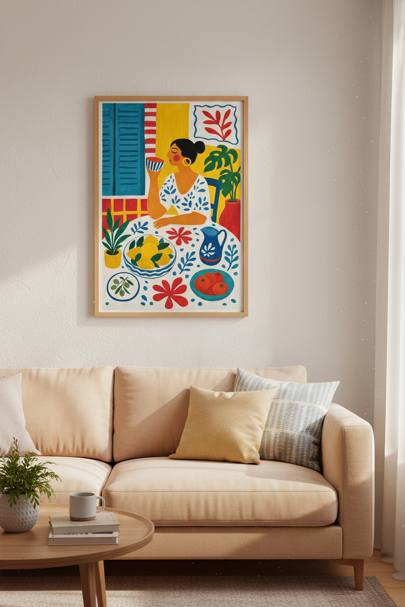 Mediterranean Woman Dining Art | Vibrant Lemon &amp; Blue, Kitchen Decor Poster