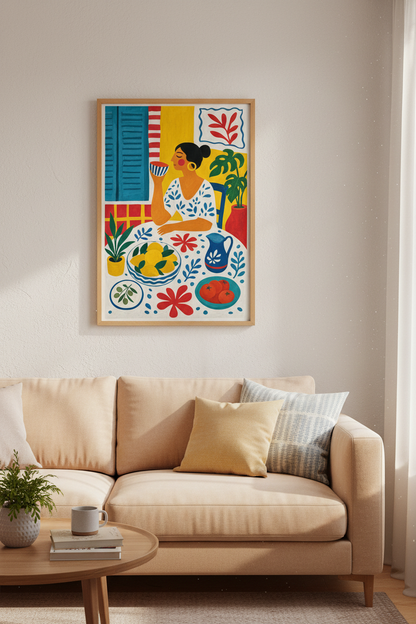 Mediterranean Woman Dining Art | Vibrant Lemon &amp; Blue, Kitchen Decor Poster
