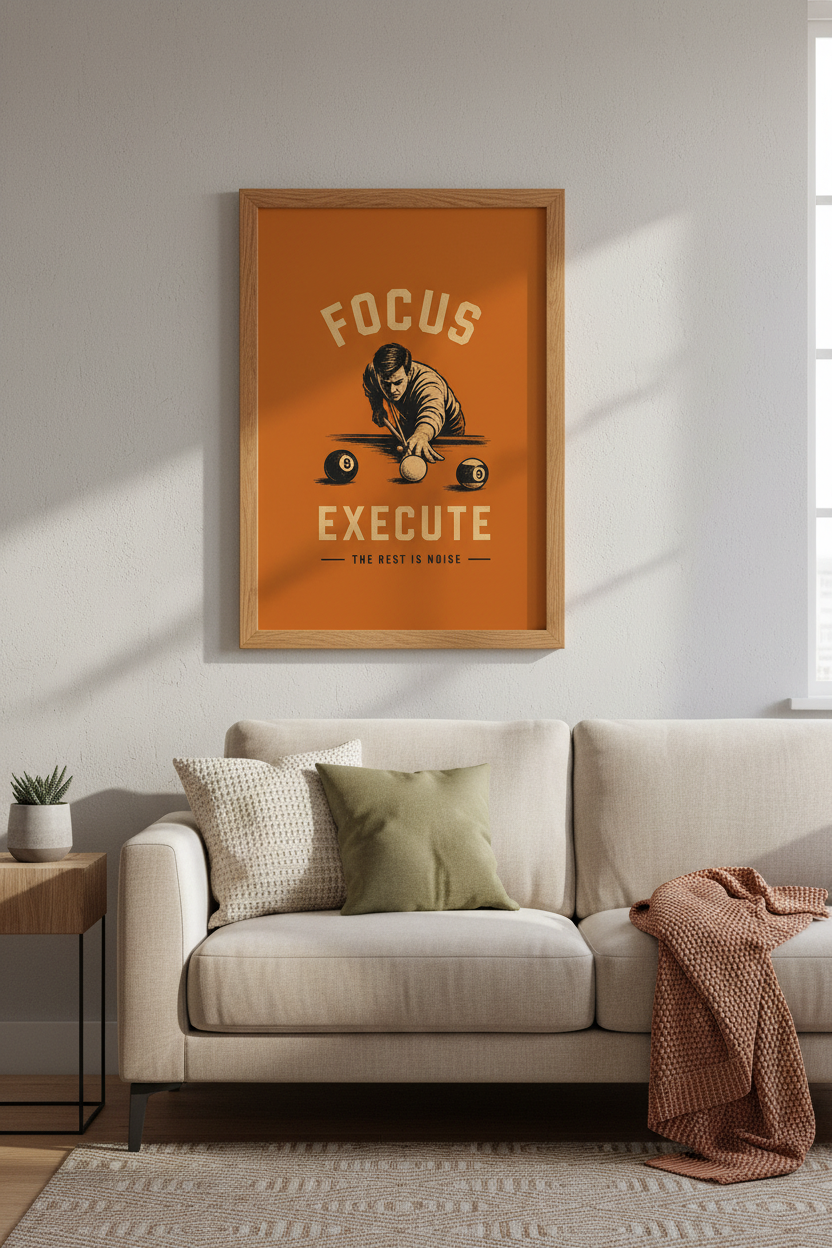 Retro Billiards Wall Art | Focus Execute Pool Player, Game Room Decor