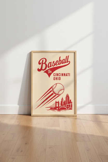 Cincinnati Baseball Art | Retro Red Skyline, Ohio Sports Decor Poster