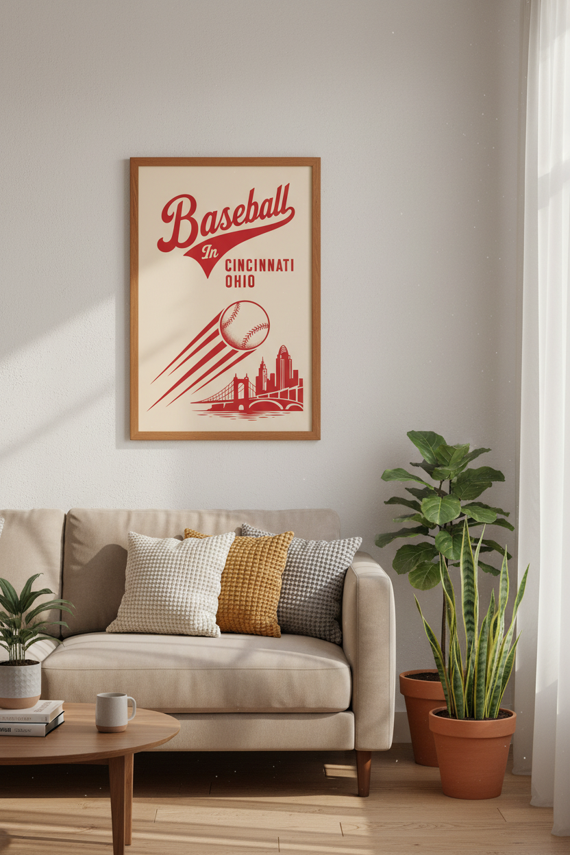 Cincinnati Baseball Art | Retro Red Skyline, Ohio Sports Decor Poster