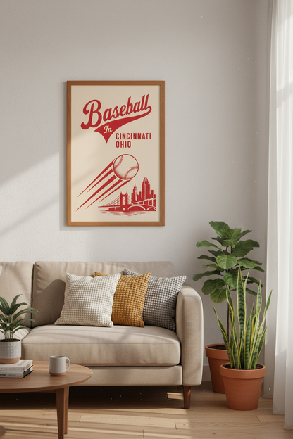 Cincinnati Baseball Art | Retro Red Skyline, Ohio Sports Decor Poster