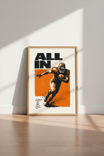Football Motivational Wall Art | Orange &amp; Black Sport Poster, Man Cave Decor