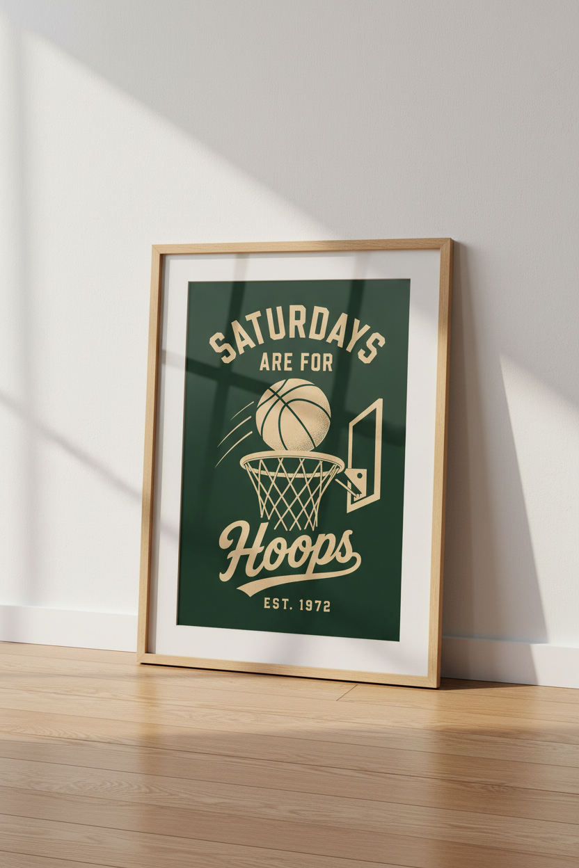 Retro Basketball Wall Art | Saturdays Are For Hoops Poster, Green Game Room Decor
