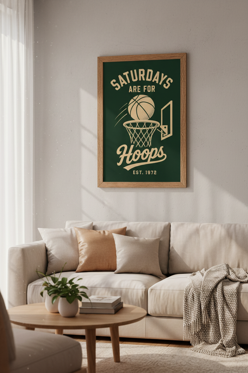 Retro Basketball Wall Art | Saturdays Are For Hoops Poster, Green Game Room Decor