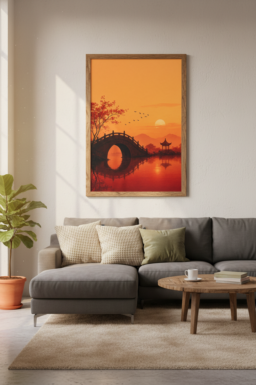 Japanese Bridge Sunset Wall Art | Zen Landscape Orange Poster, Minimalist Living Room