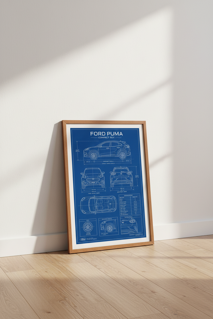 Ford Puma Blueprint Wall Art | SUV Technical Poster, Garage &amp; Office Decor