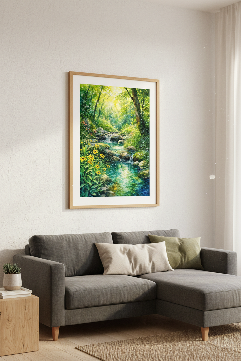 Forest Brook Watercolor | Green Nature Landscape, Living Room Decor