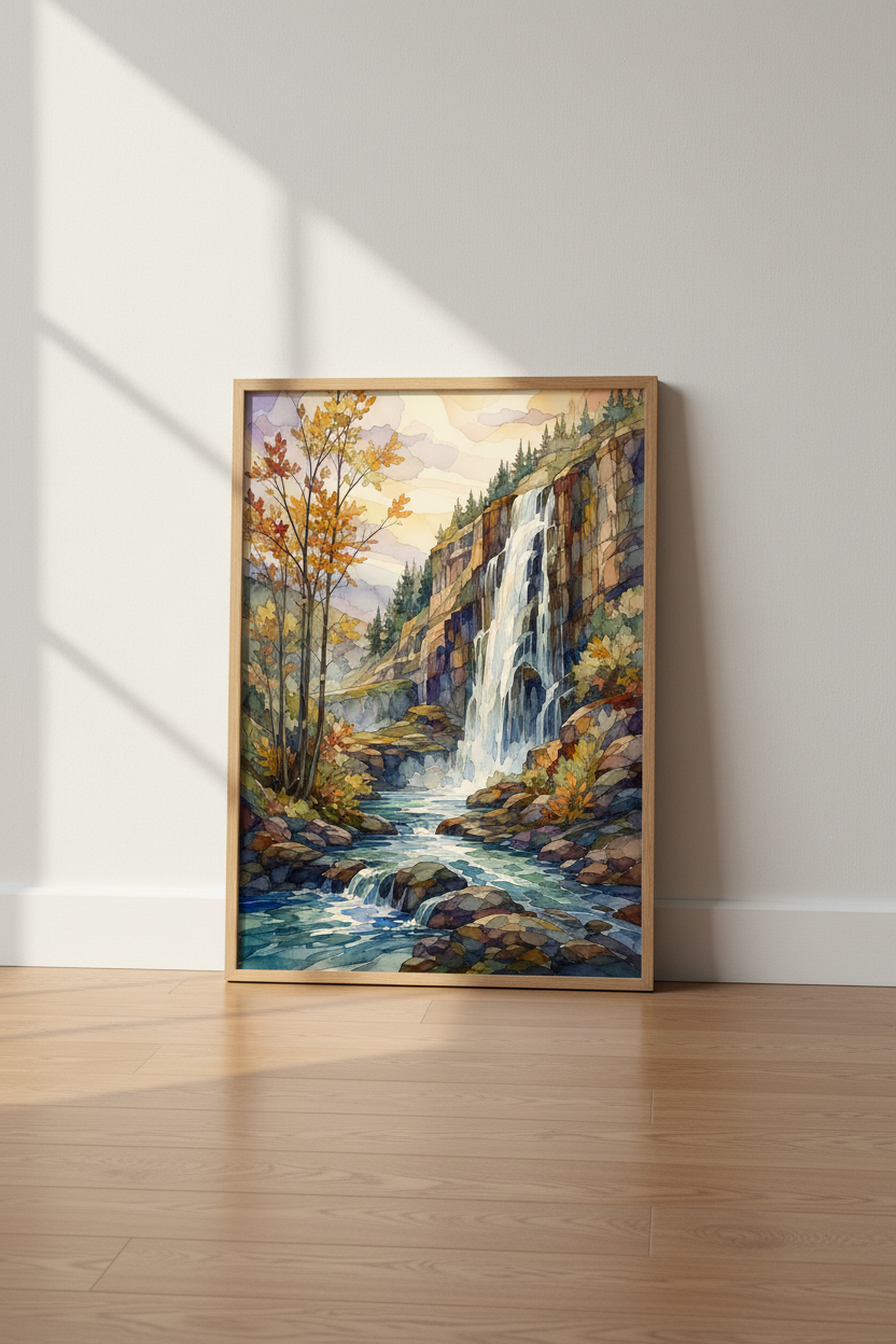 Waterfall Landscape Watercolor Art | Autumn Nature Poster, Living Room Decor