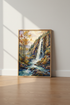 Waterfall Landscape Watercolor Art | Autumn Nature Poster, Living Room Decor