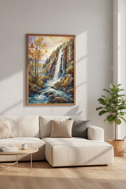 Waterfall Landscape Watercolor Art | Autumn Nature Poster, Living Room Decor