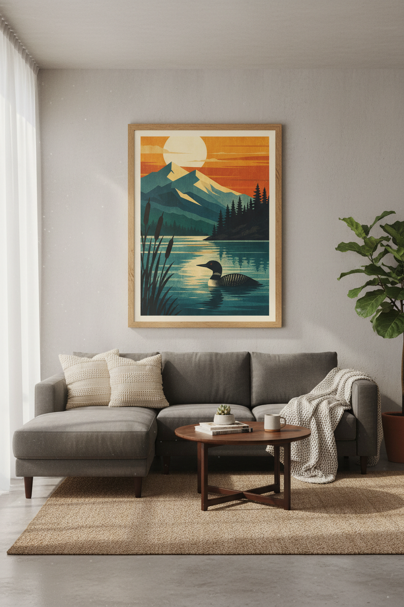 Loon Lake Mountain Wall Art | Retro Sunset Nature Poster, Modern Cabin Decor