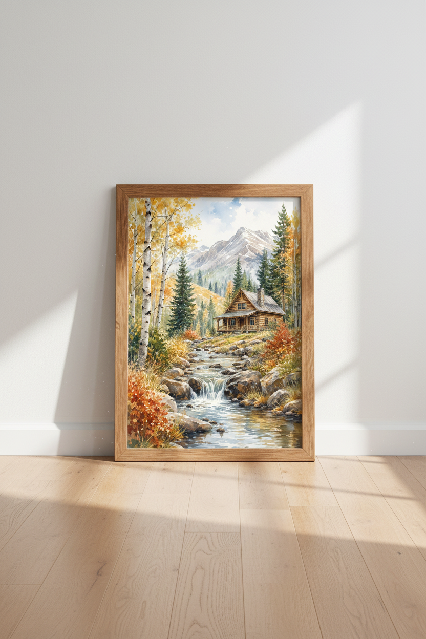 Mountain Cabin Landscape | Autumn Watercolor Trees, Rustic Lodge Decor Art