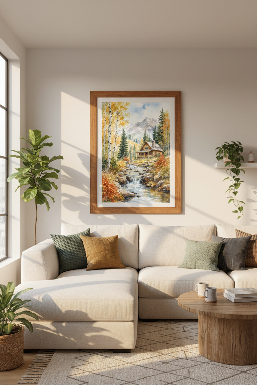 Mountain Cabin Landscape | Autumn Watercolor Trees, Rustic Lodge Decor Art