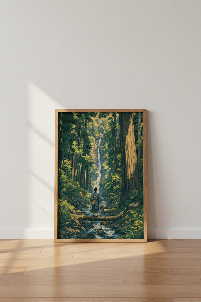 Japanese Forest Waterfall Art | Ukiyo-e Style Green Nature Print, Zen Home Decor
