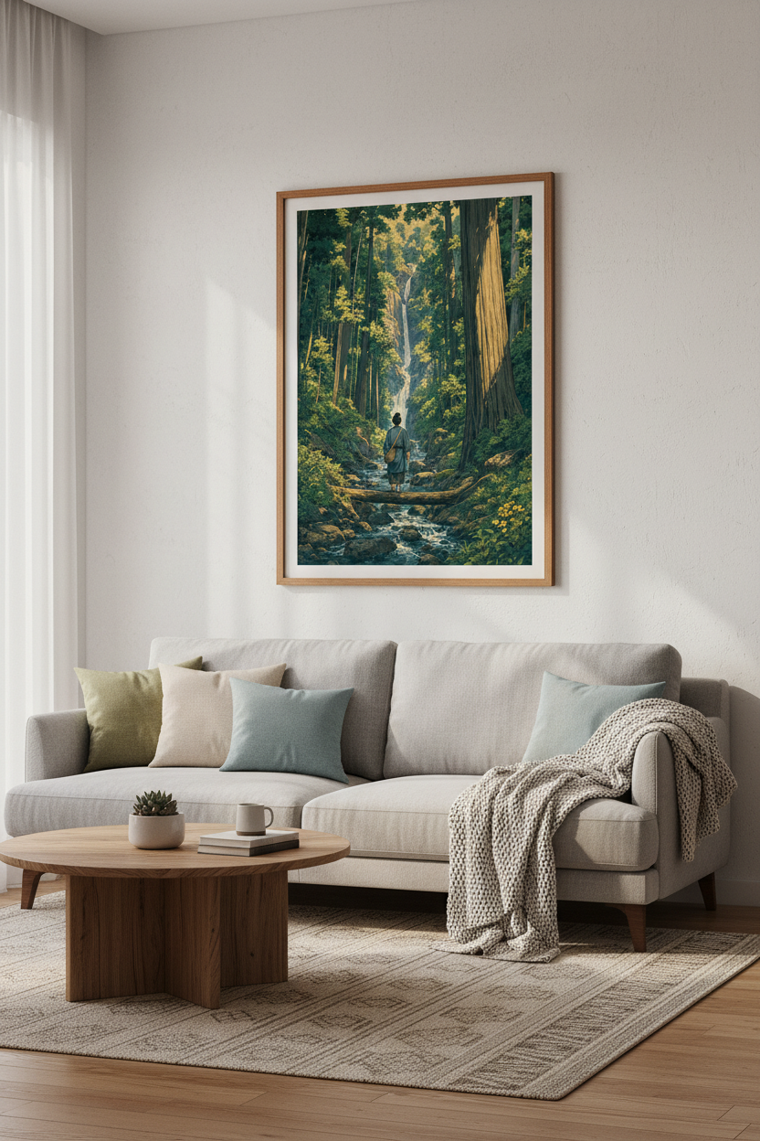 Japanese Forest Waterfall Art | Ukiyo-e Style Green Nature Print, Zen Home Decor