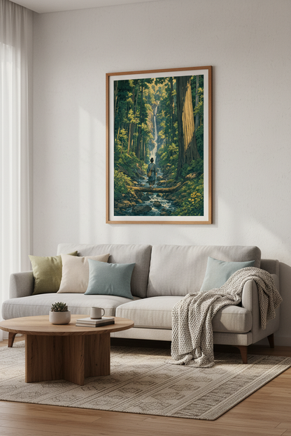Japanese Forest Waterfall Art | Ukiyo-e Style Green Nature Print, Zen Home Decor