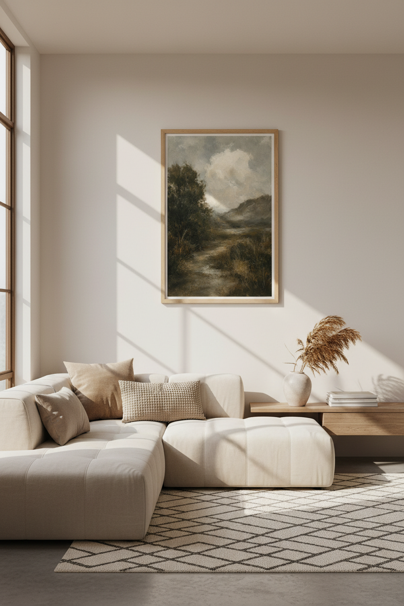 Moody landscape art | Misty tones, Living room decor