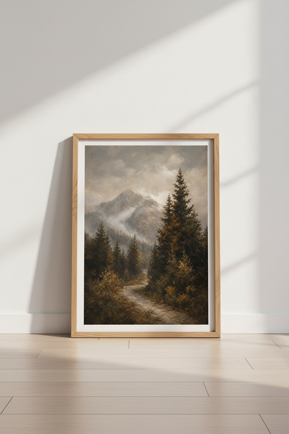 Mountain landscape | Moody forest tones, living room decor