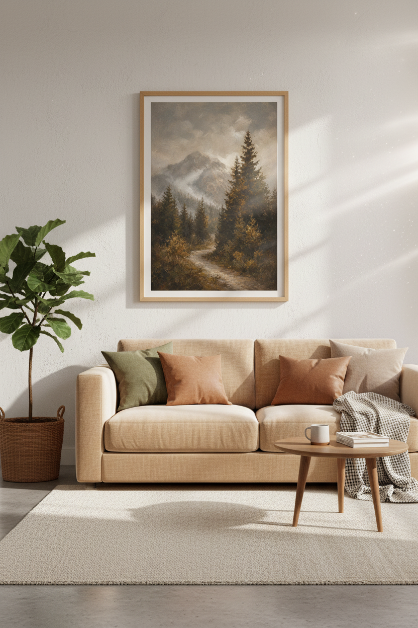 Mountain landscape | Moody forest tones, living room decor