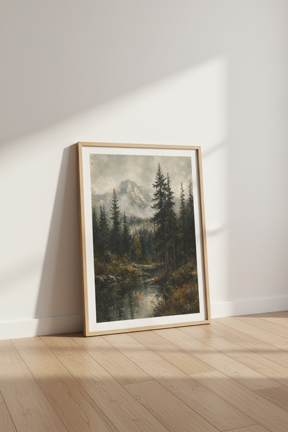 Mist Covered Peaks Wall Art Print | Living Room Decor | Rustic Poster